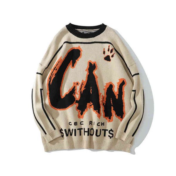 

2021 creative letter print khaki oversized men hip hop knitted sweater casual women pullovers vintage clothes sueter masculino t220730, White;black