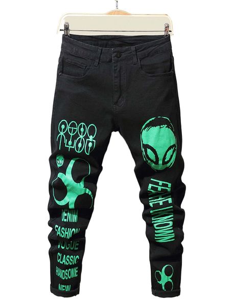 

men alien & letter graphic jeans q6v5#, Blue