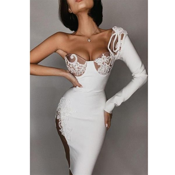 

white red black long sleeve one shoulder rayon bandage dress homecoming party bodycon dress vestidos 220509, Black;gray