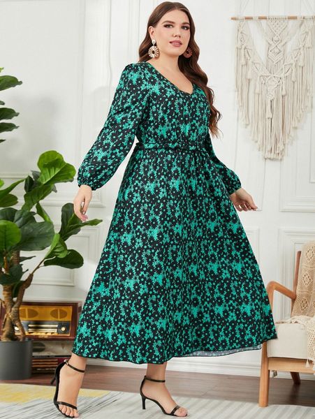 

plus allover floral print lantern sleeve frilled dress s5my#, Black