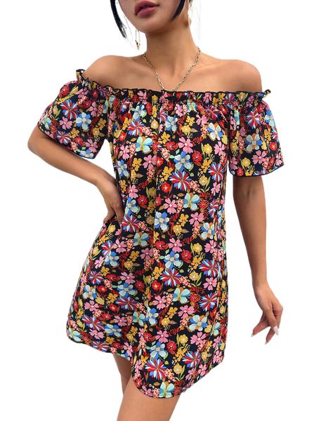 

allover floral print off shoulder frilled tunic dress 16cf#, Black;gray