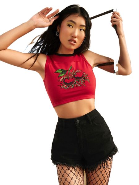 

x forcino illustration fruit print contrast trim crop tank o4ri#, White