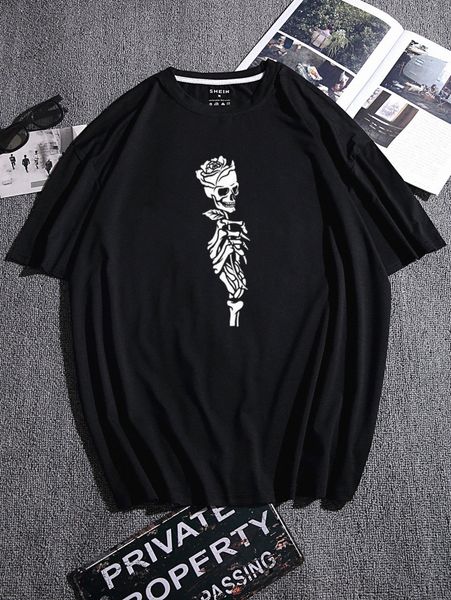 

men skull and floral print tee v4t2#, White;black