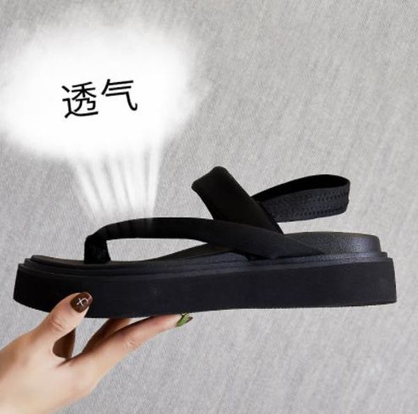 

summer thong sandals women's thick bottom casual flat beach shoes, Black