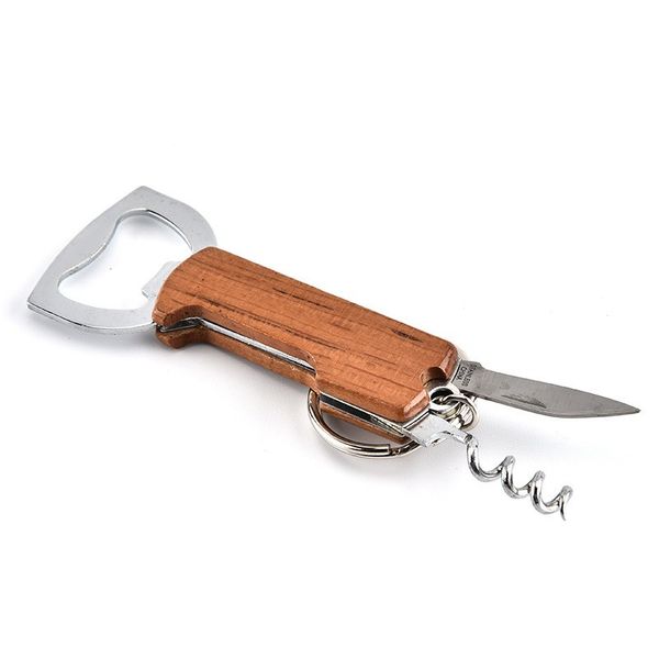 

wooden handle opener creative keychain beer opener stainless steel multifunctional red wine bottle opener key chians, Silver