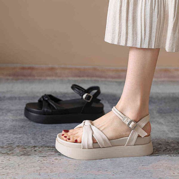 

2022 new open toe belt beach shoes women wear bread muffin double-layer thick soled roman sandals, Black