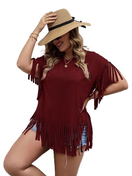 

plus fringe hem solid tee p7fv#, Black