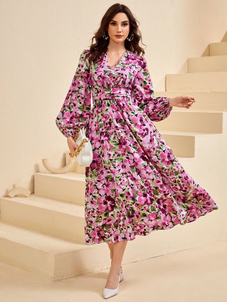 

v-neck bishop sleeve allover floral dress j5fh#, Black;gray
