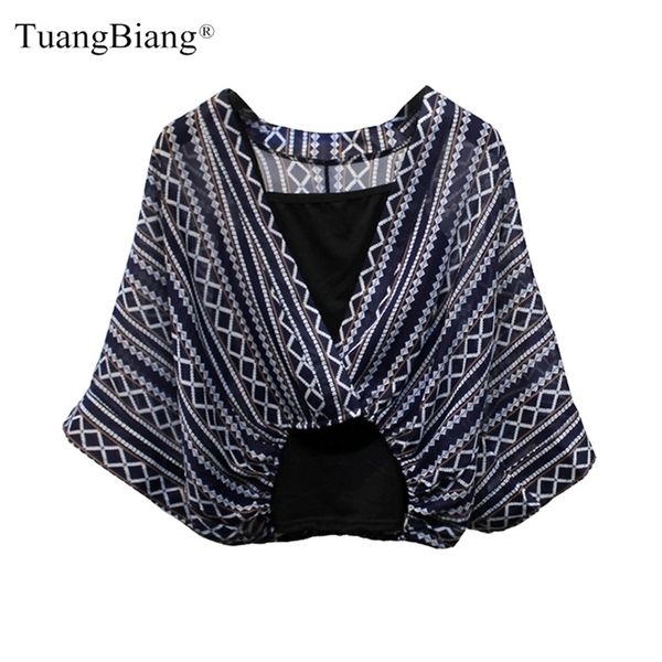 

women two piece set plus size chiffon shirts summer half sleeve loose v-neck floral stripes blouses sweet ladies short 210308, White