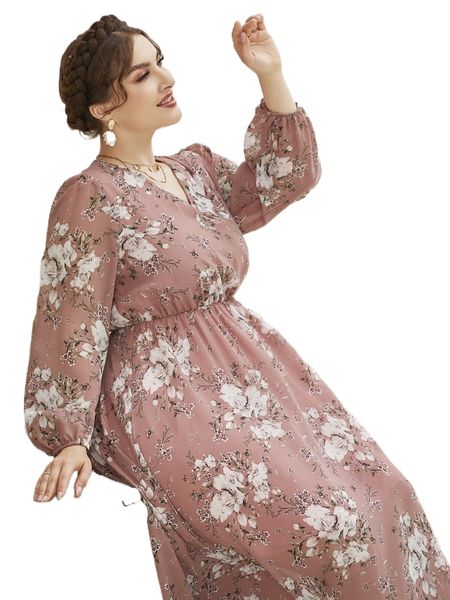 

plus floral surplice neck ruffle hem dress d4x7#, Black