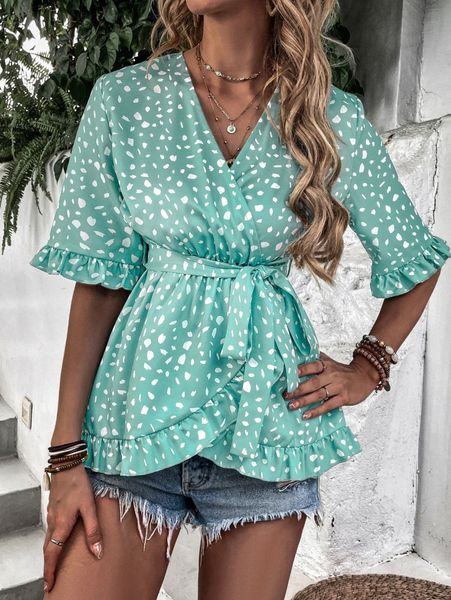 

dalmatian ruffle trim belted wrap blouse q7fe#, White