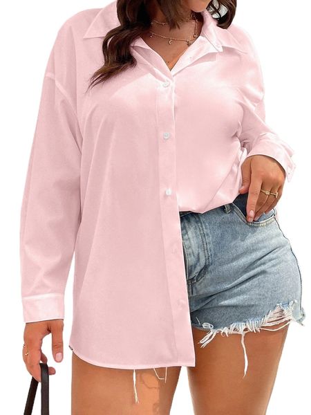 

plus button through drop shoulder shirt f4lj#, Black