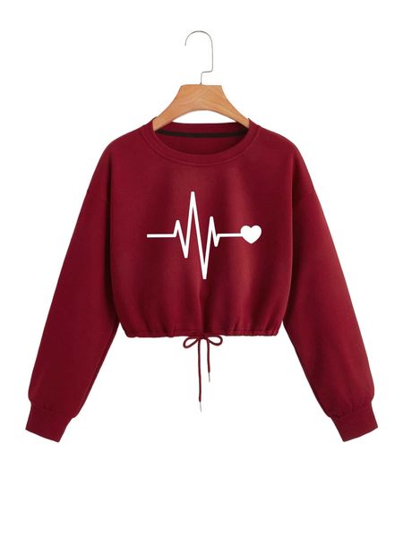 

heart graphic drawstring thermal lined crop sweatshirt u6n5#, Black