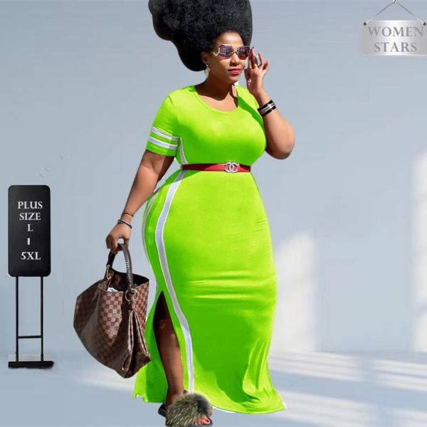Платья больших размеров Женская одежда L-5xl Повседневная оптовая продажа в полоску сбоку Bodycon Stretch Slip Hem Maxi Dress Woman DropPlus