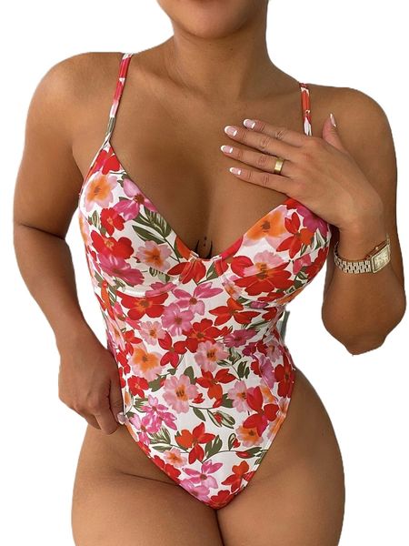 

random floral print push up one piece swimsuit 69i1#, White;black