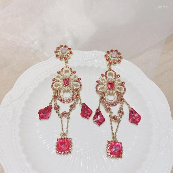 Роскошные корейские розовые хрустальные серьги для женщин для женщин Элегантные жемчужные бусинки ювелирные изделия, брендовая брендовая люстра