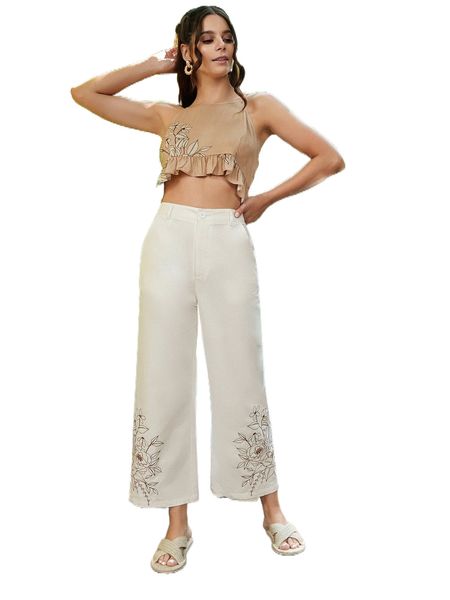 

x karla jodoin floral print slant pocket wide leg pants w2v3#, Black;white