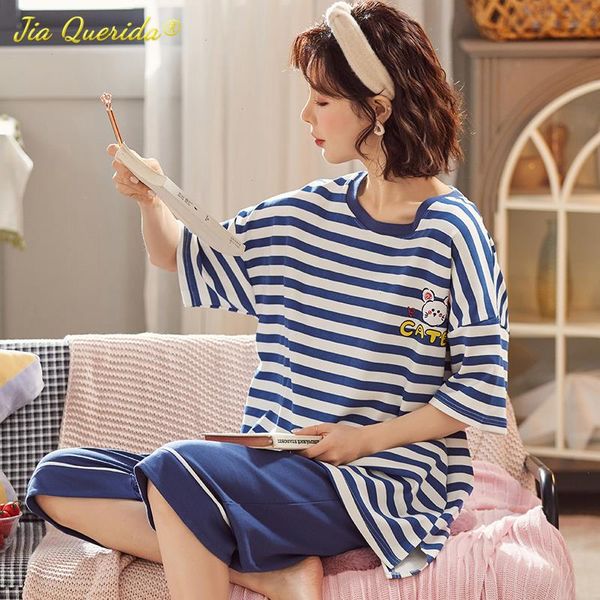 

sleepwear cotton summer pajama set pink elegant flamingo printing plus size 4xl 5xl womens homewear big capris pyjamas, Black;red