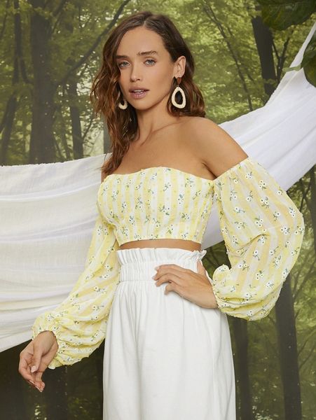 

striped & ditsy floral print off shoulder lantern sleeve crop b2y5#, White