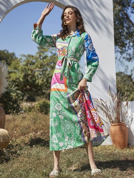 

paisley & floral print belted shirt dress z1gt#, Black;gray