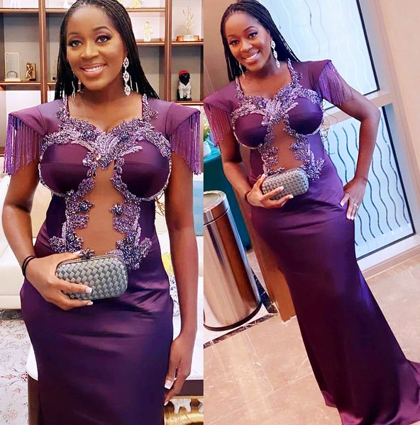 

2022 plus size arabic aso ebi purple mermaid prom dresses lace beaded crystals evening formal party second reception birthday engagement gow, Black