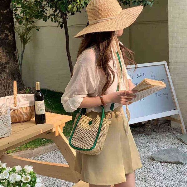

handbag heat leather portable bucket grid straw woven version shoulder messenger hollow women's bucket bag