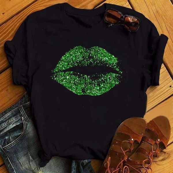 Weibliches T-Shirt niedlich sexy grüne Lippen Kuss Print Harajuku Kawaii Lady Sommer 90er Jahre Kleidung schwarz weiß Frauen Tops