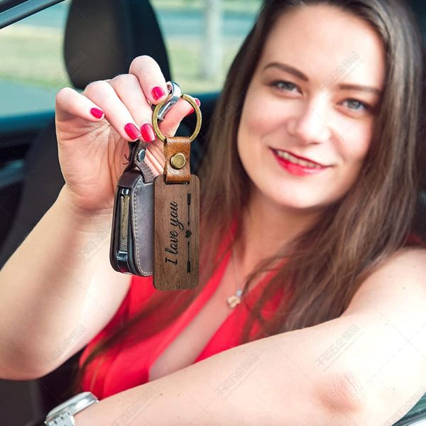 

personalized handmade beech wooden leather blank round rectangle keychain carving pendant accessories luggage decoration key ring thanksgivi, Silver