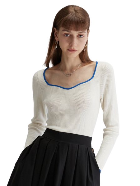 

contrast binding sweetheart neck sweater v5hf#, White;black