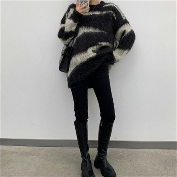 

jxmyy autumn women's casual fashion foreign style zebra pattern round neck loose pullover sweater with trend 210412, White;black