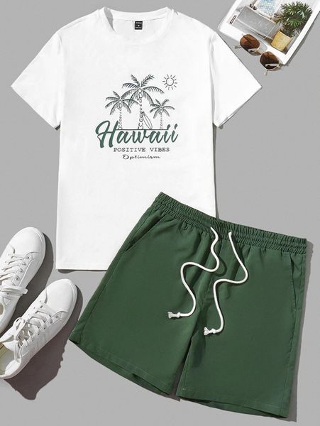 

men coconut tree & letter graphic tee & drawstring waist shorts h4h9#, Gray