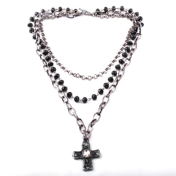 Anhänger Halsketten Mode Bohemian Tribal Schmuck 3 Schicht mehrere schwarze Glaskristall Rosenkranz Gliederkette Kreuz HalskettenAnhänger