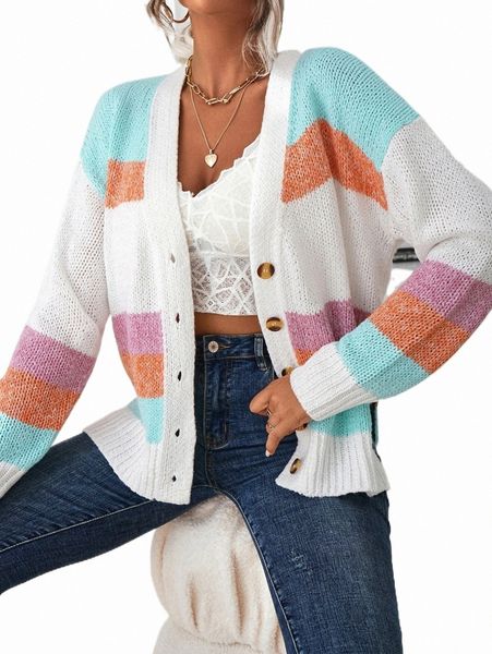 

colorblock drop shoulder split hem cardigan n8ek#, White;black