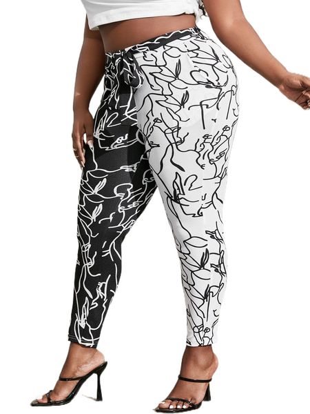 

sxy plus allover print colorblock tie front pants v6pc#, Black