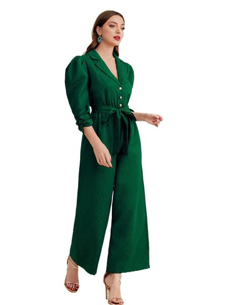

jacquard ruched cuff puff sleeve lapel collar belted jumpsuit q4bm#, Black;white