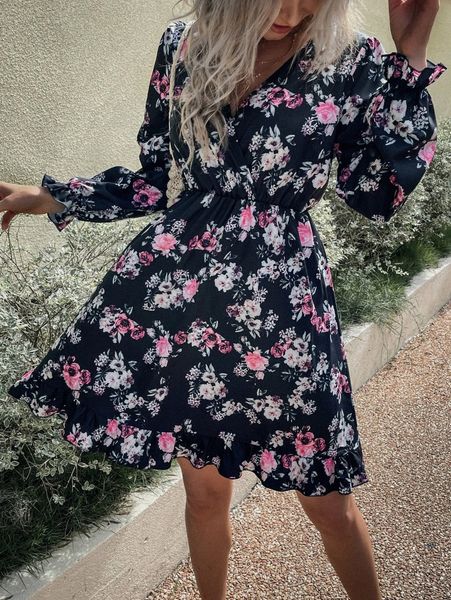 

floral print flounce sleeve overlap collar ruffle hem dress 53r5#, Black;gray