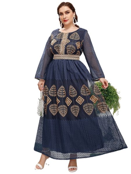 

plus geo and chevron embroidery tie back mesh dress v9o6#, Black