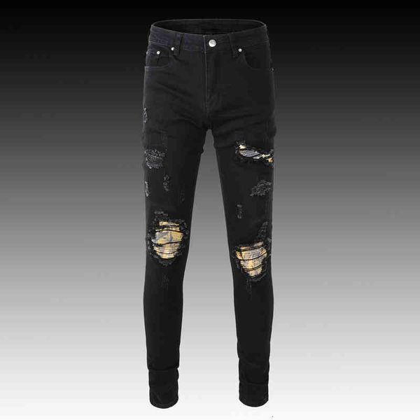 

men's jeans fashion high-end fashion micro elastic black scraped holes yellow patch slim fit men's jeans w1ir, Blue