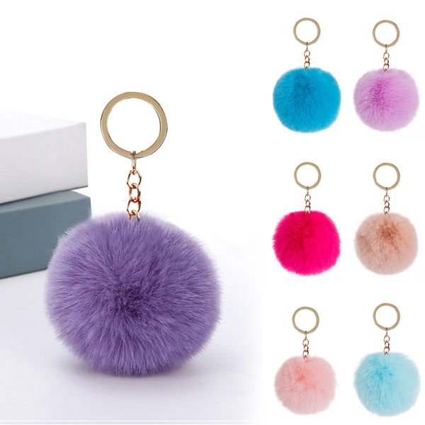 

fluffy pom pom keychain soft faux rex rabbit fur ball car key rings pompom plush keychains gold keys holder women bag pendant jewelry, Slivery;golden