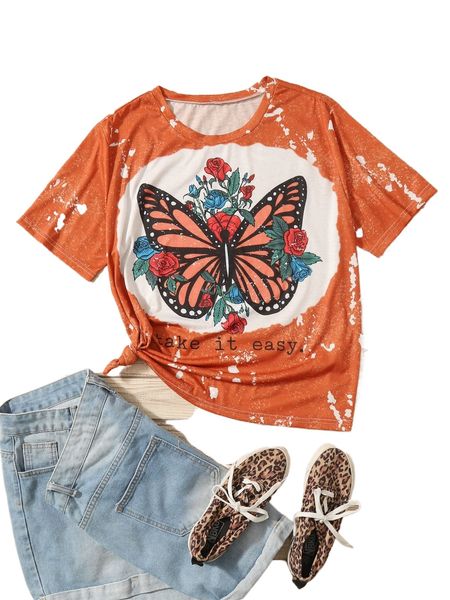 

plus butterfly & floral print tie dye tee h50j#, Black