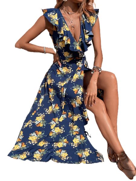 

allover floral print ruffle trim tie side wrap dress d4jk#, Black;gray