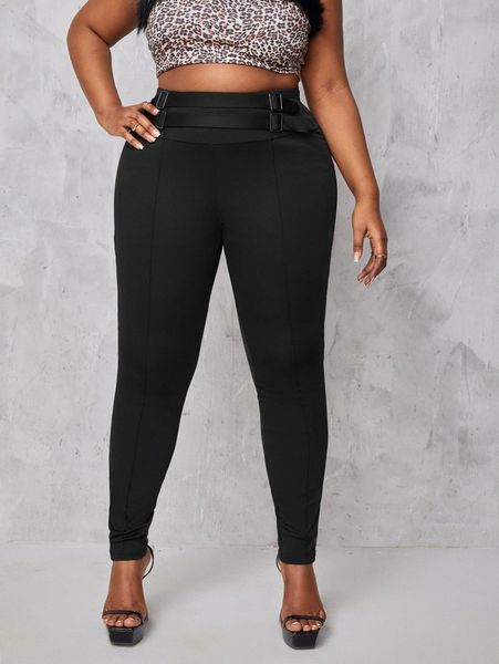 

sxy plus buckle tape skinny pants v8t1#, Black