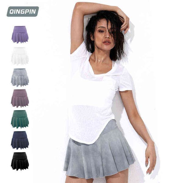 

new nude yoga suit fast drying anti light running skirt pocket fake tennis pants, Gray