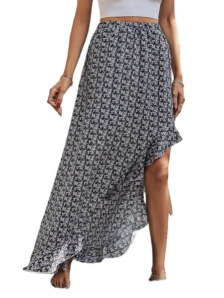 

ditsy floral asymmetrical ruffle hem skirt 126k#, Black