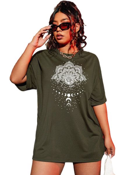 

plus moon & mandala print drop shoulder tee j3pz#, Black