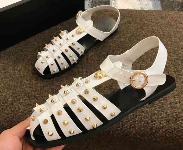 

sandals orignal box hiphop tiger mens rivet flat heels casual genuine leather party beach cool slipper shoes 38-45 d8op, Black