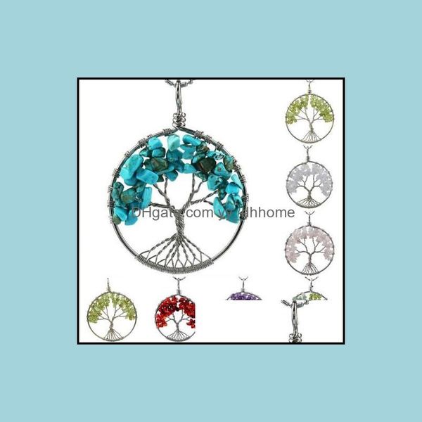

pendant necklaces pendants jewelry natural crystal quartz amethyst opalite rock citrine rose turquoise stone red agate tree of life chakra, Silver