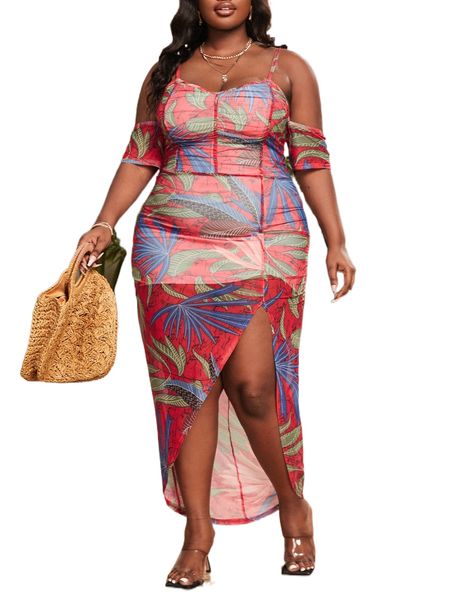 

sxy plus tropical mesh overlay slit hem cami dress 75lt#, Black