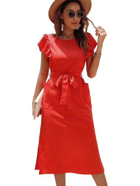 

pocket side flutter sleeve slit hem belted dress d4ko#, Black;gray