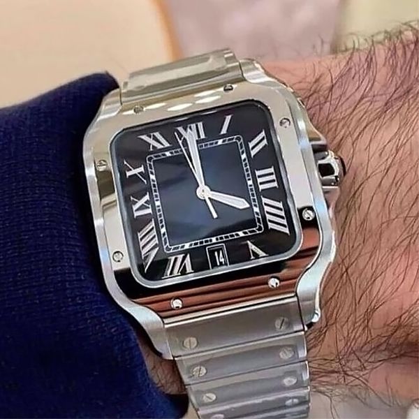 

square watches 40mm geneva genuine stainless steel mechanical watches case and bracelet fashion mens male wristwatch montre de luxe watch lu, Slivery;brown